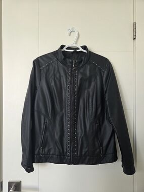 Women's Black Faux Leather Stud-Trim Jacket